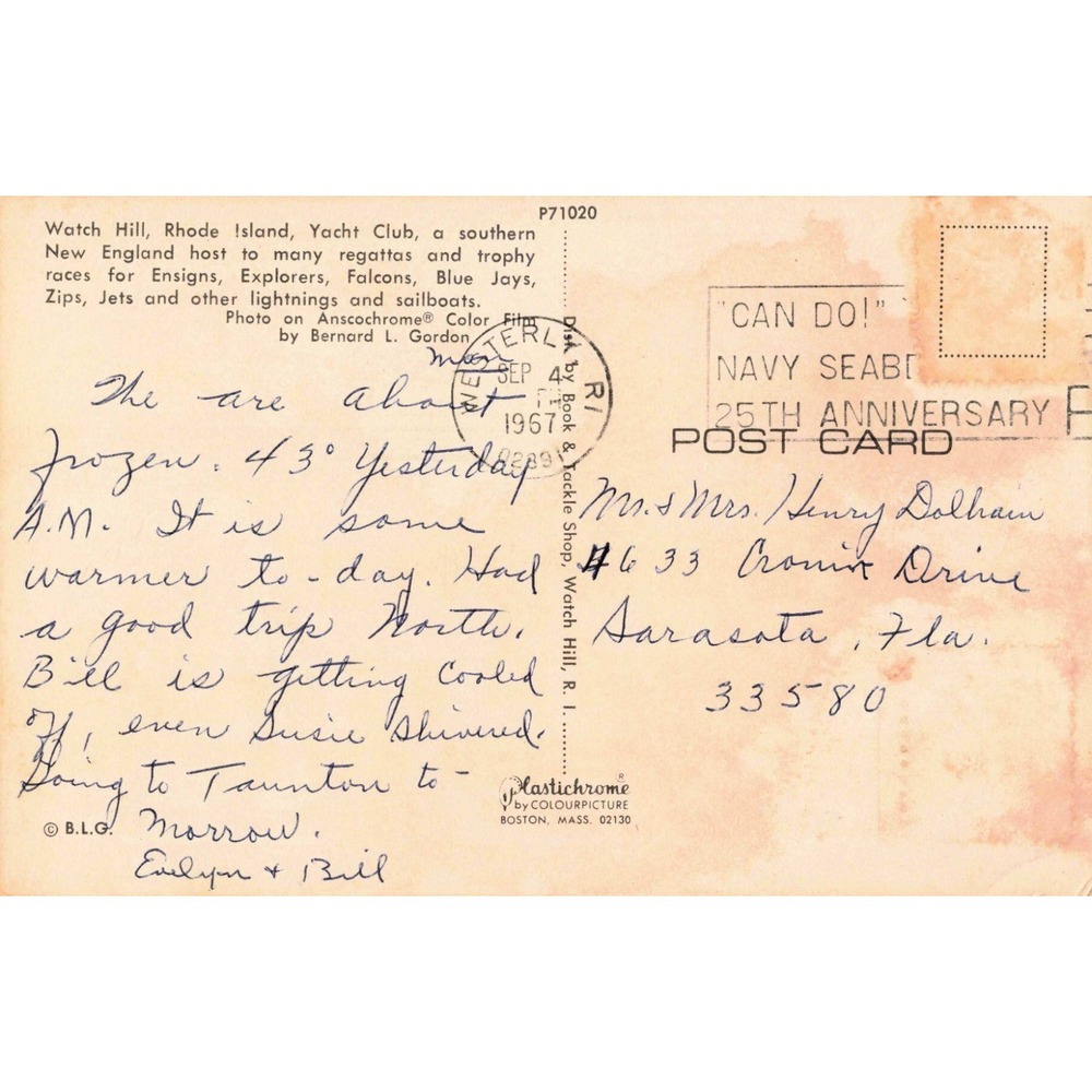 Vintage Watch Hill Yacht Club Rhode Island Postcard 1967 Navy Seabees Stamp RI - Picture 2 of 2